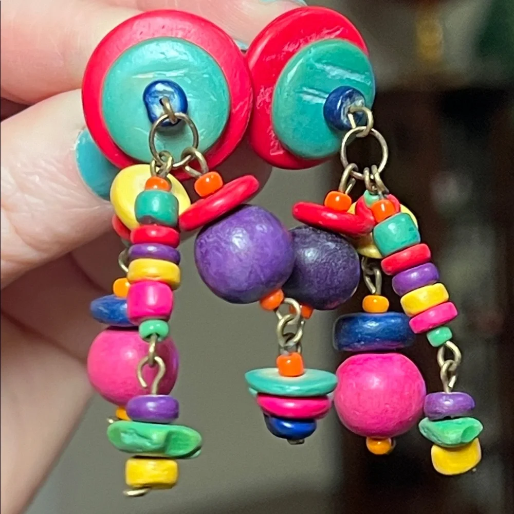 Funky VTG 80s 90s Boho Colorful Multicolor Wood Beaded Statement Earrings